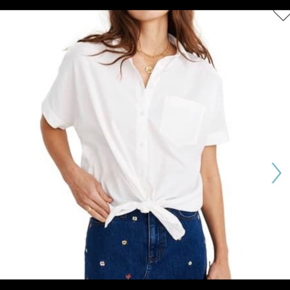 MADEWELL WHITE SHORT SLEEVES TIE FRONT BUTTON DOWN TOP